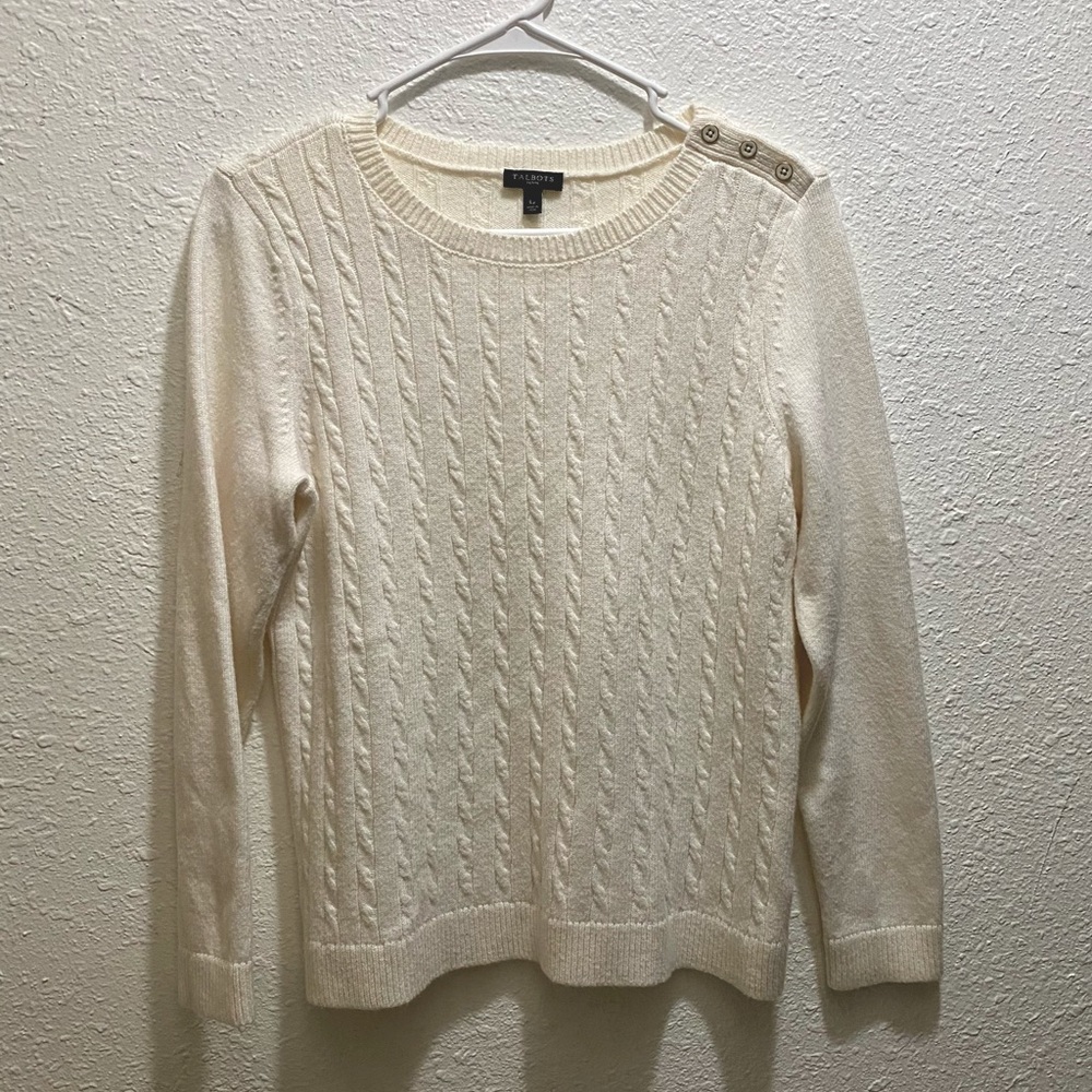 Talbots White Cream Offwhite Lightweight Sweater with Button Design on Sleeve